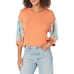Multiples Orange V-Neck Drop Shoulder 3/4 Sleeve Casual Top Womans Size Large